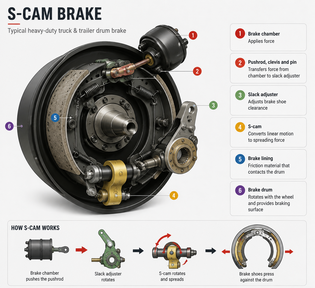 S-cam drum brake system structure for semi trailer axle showing brake chamber, slack adjuster, S-cam, brake lining, and brake drum components