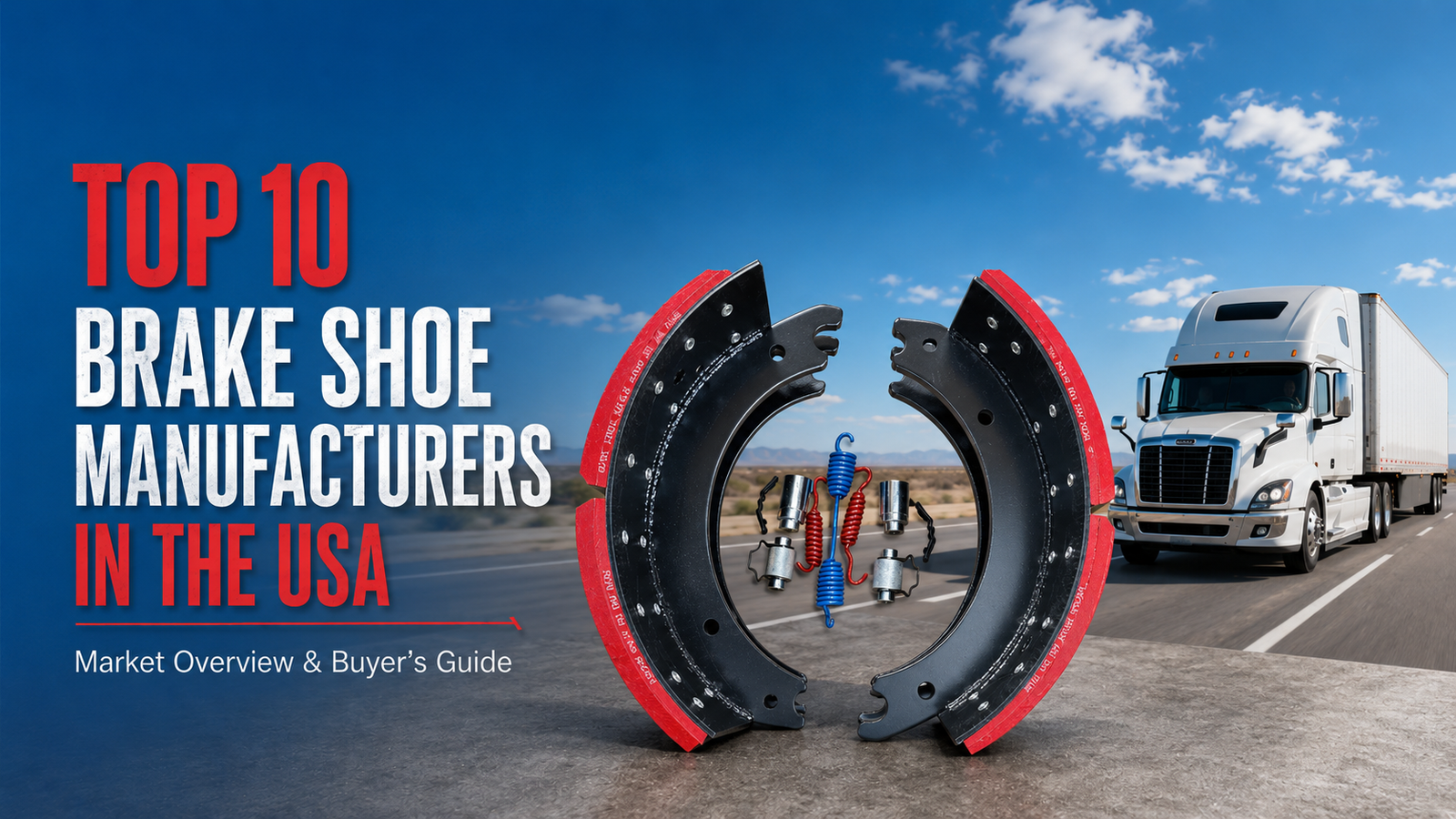 Top 10 brake shoe manufacturers in the USA, featuring heavy-duty truck brake shoes, hardware, and a commercial truck on an American highway.