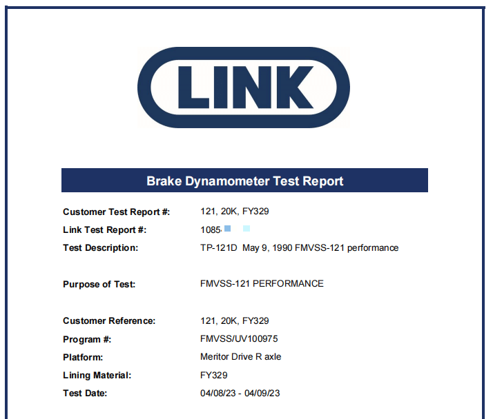 4707 20K FMVSS 121 brake lining dynamometer test report by Link Engineering