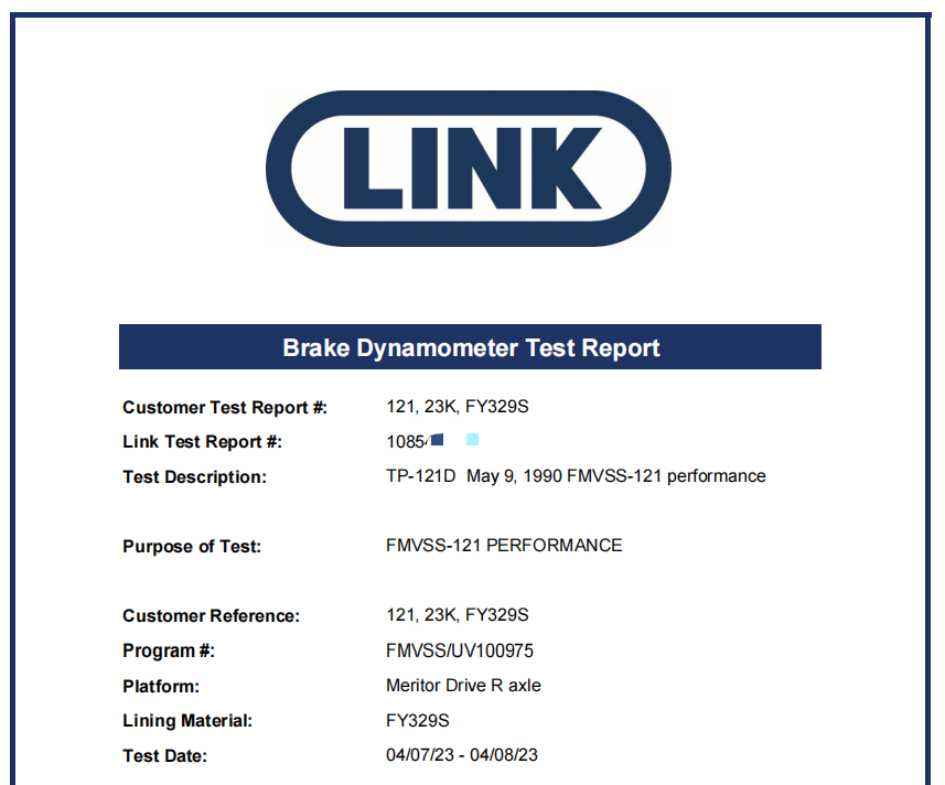 4707 23K FMVSS 121 brake lining dynamometer test report by Link Engineering