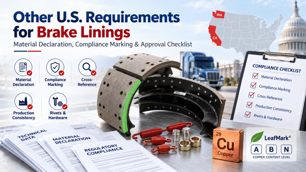 U.S. brake lining import compliance checklist covering dyno reports, axle ratings, RP 628, edge codes, material declarations and copper compliance.