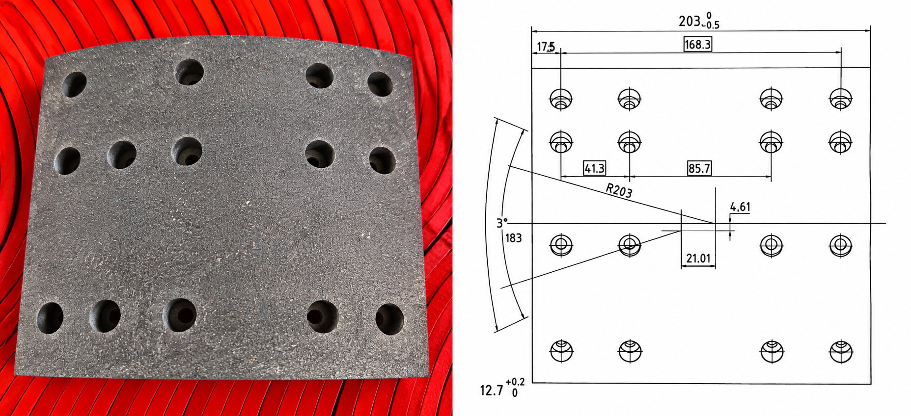 Heavy-duty brake lining photo beside a technical drawing showing product dimensions and rivet-hole layout