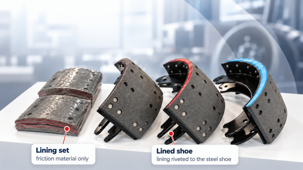 Brake lining forms including riveted drum blocks, bonded shoes, disc brake pads and woven roll lining.