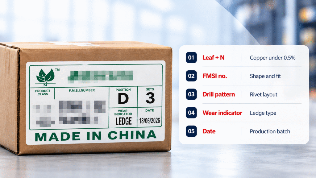 Brake lining carton label showing FMSI number, LeafMark copper level, drill pattern, wear indicator and production date.