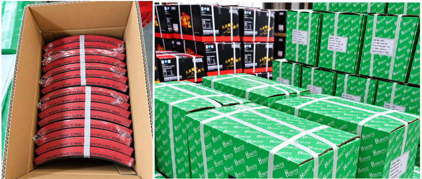 Heavy-duty brake linings packed in a carton and custom green brake parts packaging ready for shipment