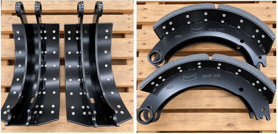 Heavy-duty lined brake shoe assemblies manufactured by Tuoba, shown in side and front views