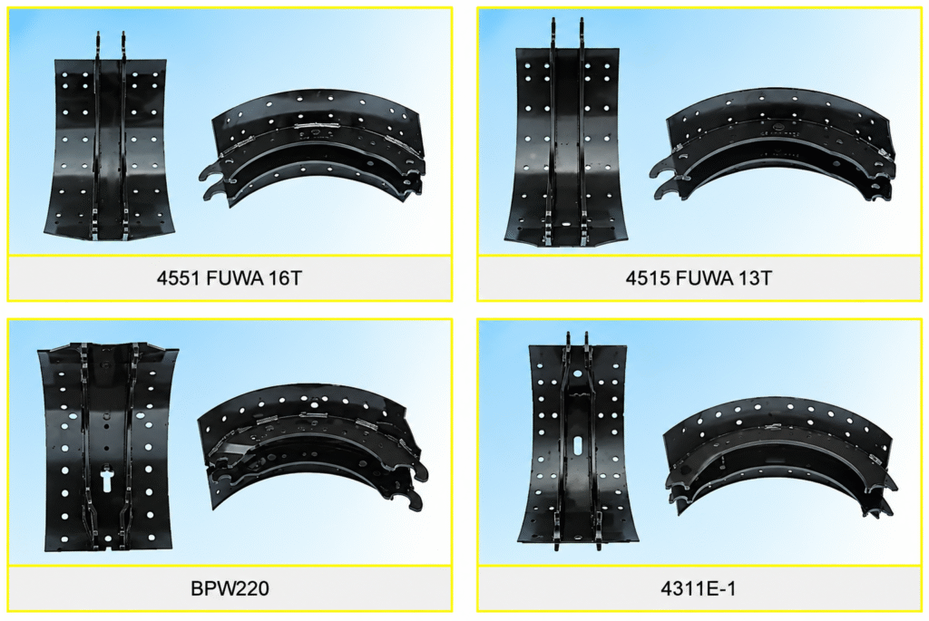 Heavy-duty trailer brake shoe designs: 4551 FUWA 16T, 4515 FUWA 13T, BPW220 and 4311 E-1, shown in front and side views.