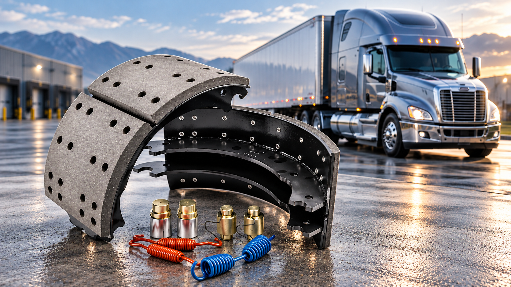 Heavy-duty semi trailer brake shoes and drum brake linings showing curved steel shoe assemblies and friction materials.