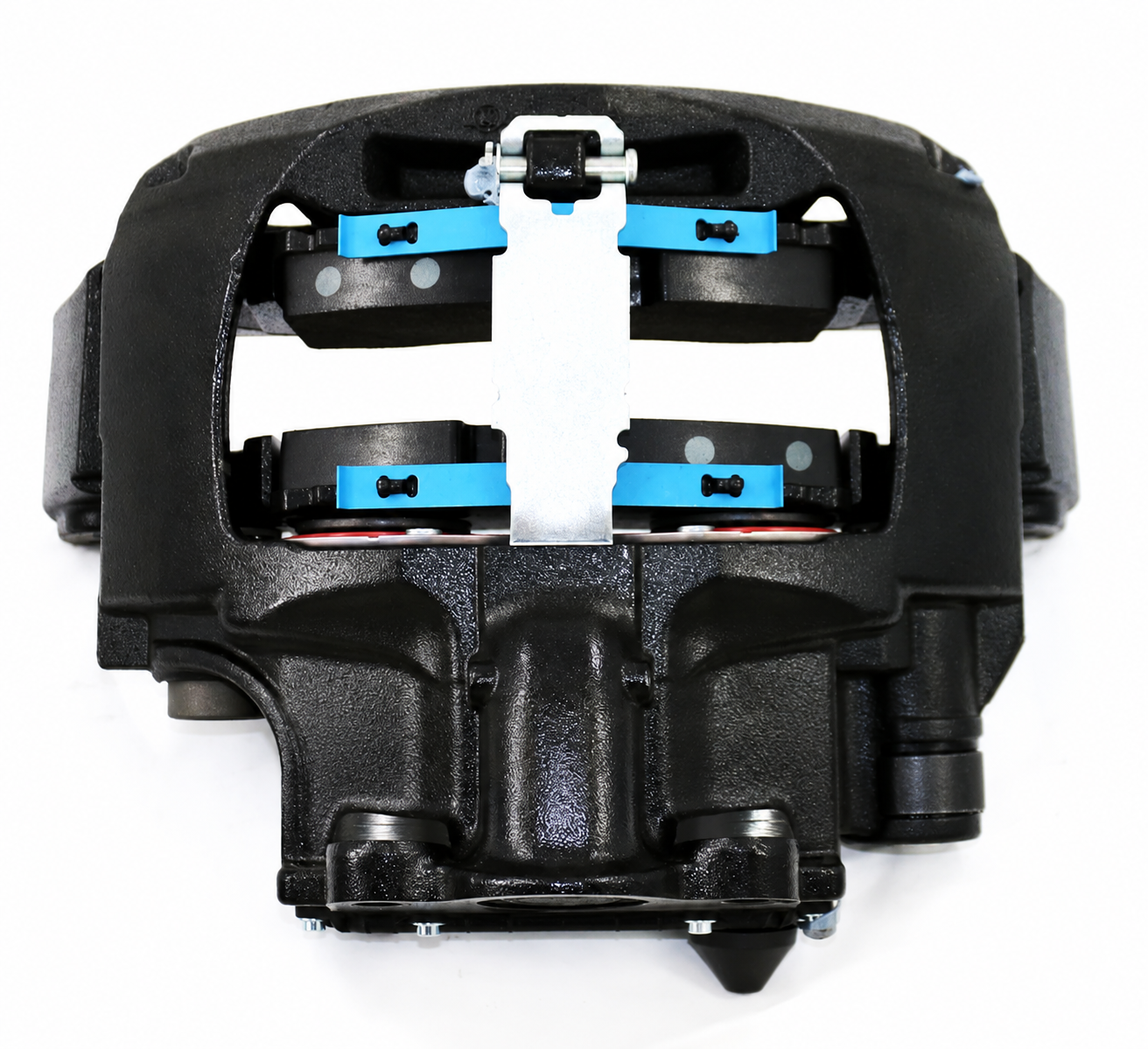 Front view of a semi truck air disc brake caliper with installed brake pads and blue retaining hardware.