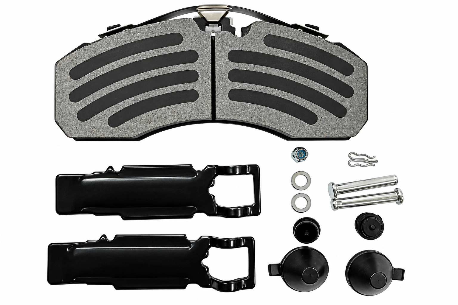 Heavy-duty semi truck air disc brake pads with separate retaining pins, clips and installation hardware.