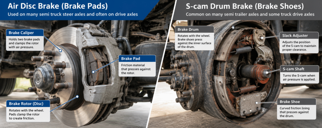 Semi truck air disc brake pads vs. S-cam drum brake shoes and components.