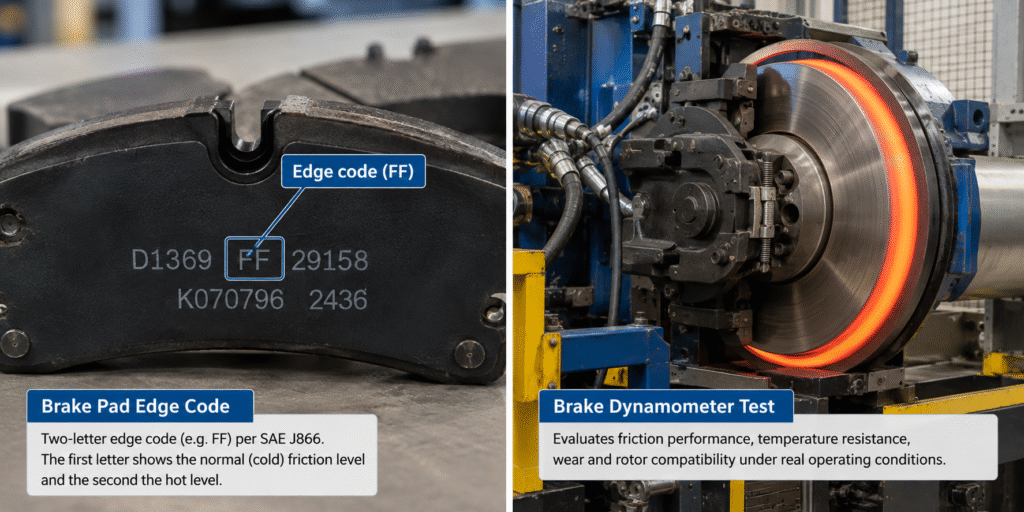 Semi truck brake pad showing FF friction edge code alongside a brake dynamometer test.