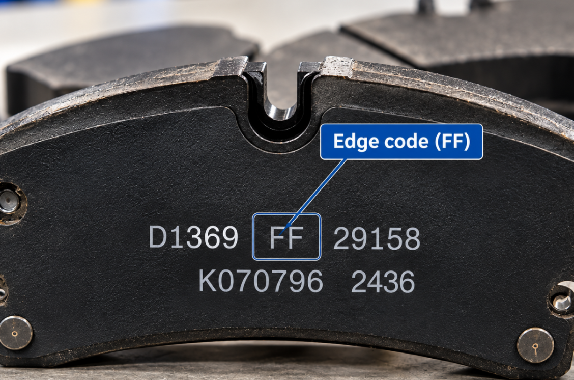 Semi truck brake pad with FF friction edge code beside a brake dynamometer test illustration.