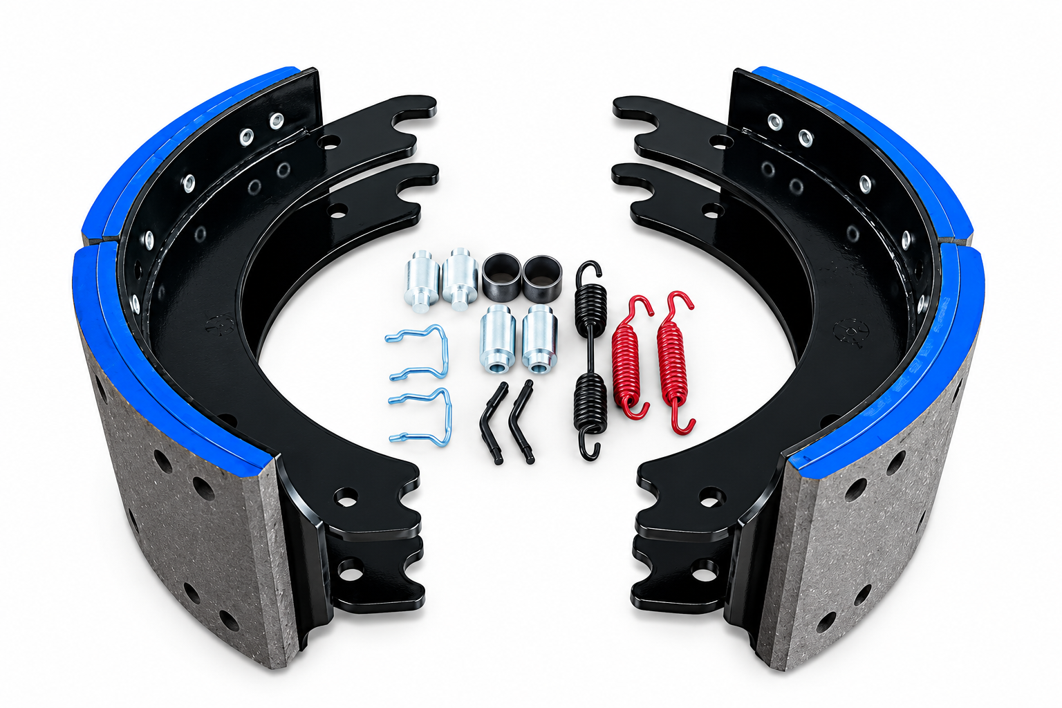 Heavy-duty semi truck drum brake shoes with friction linings, return springs and installation hardware.