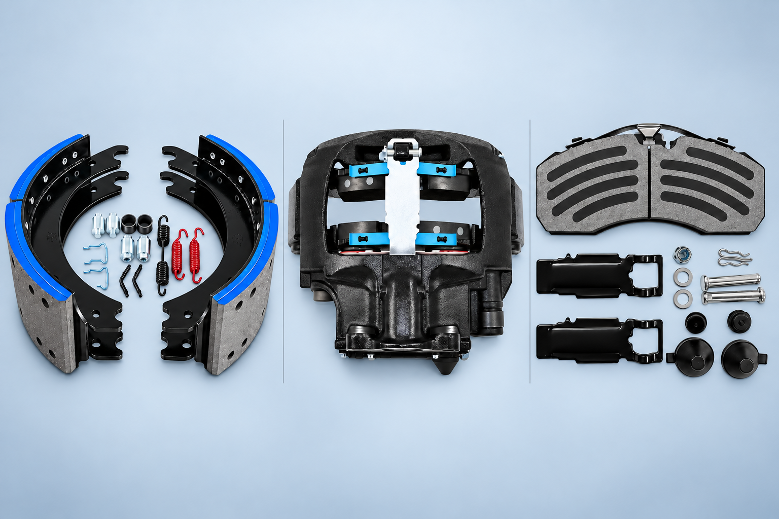 Semi truck drum brake shoes, air disc brake caliper, and disc brake pads with installation hardware shown side by side.