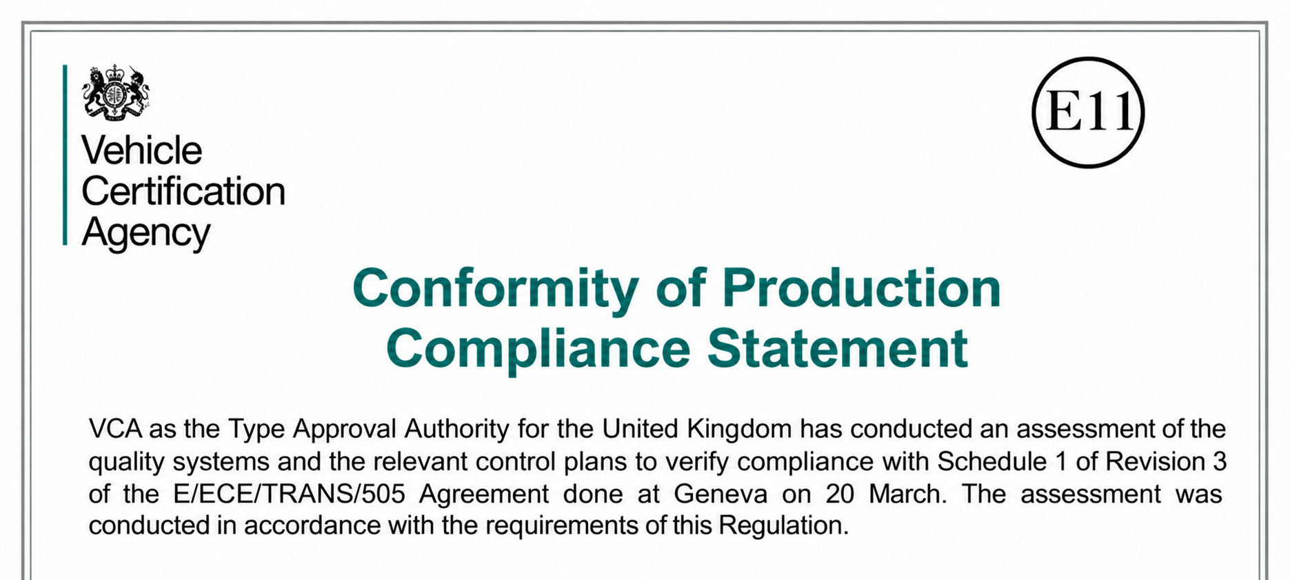 UK VCA Conformity of Production statement excerpt showing E11 and COP document heading