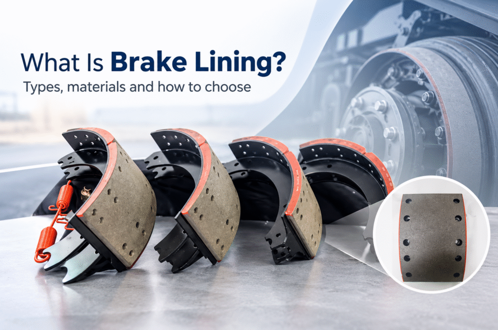 Heavy-duty truck brake shoes showing brake lining friction material and lining surface details.